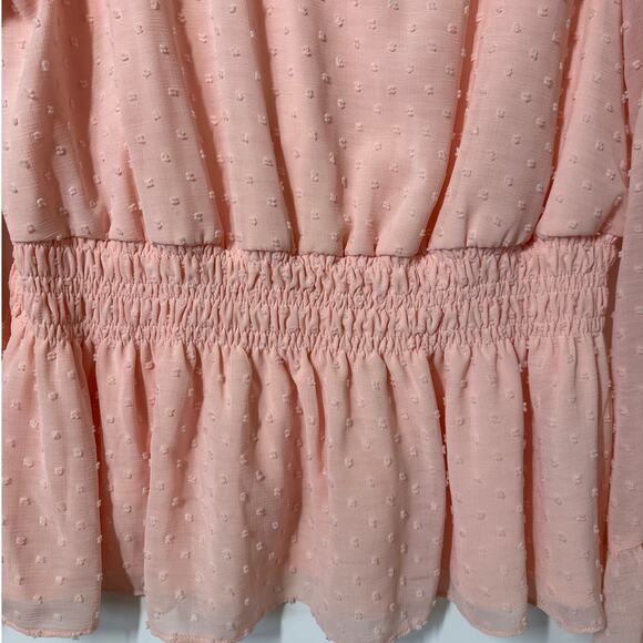 Fever Smocked Waist Long Bell-Sleeve Clip-Dot Blouse Top Pink Sz XL Cottagecore - Picture 3 of 12